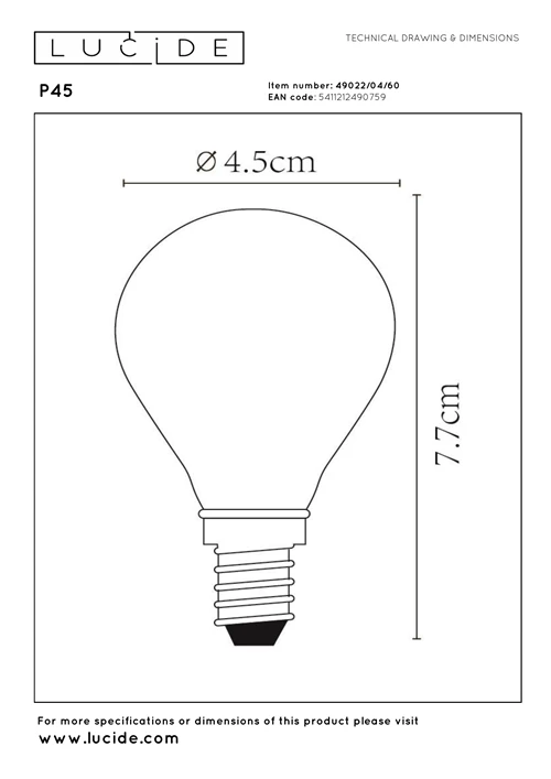 Lucide P45 - Filament lamp - Ø 4,5 cm - LED Dimb. - E14 - 1x4W 2700K - Transparant - technisch